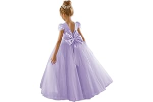 JISISANG Flower Girls Lace Cap Sleeve Dress for Wedding Puffy Tulle Back V-Neck Pageant Prom Ball Gown with Bow