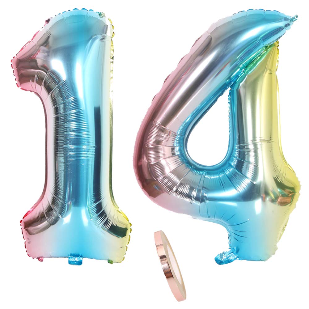 2 Balloons Number 14, Number 14 Balloon Rainbow Girl Boy Boy 32 Inch Giant Inflatable Helium Foil Balloon Blue Colourful Iridescent Balloons Figures for Birthday Party Decoration (XXXL 80 cm)