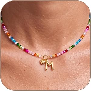 LOVEZORA Initial Necklace for Women Colorful Beaded Necklaces Initial Heart Bubble Letter Necklace Summer Necklace Jewelry Gi
