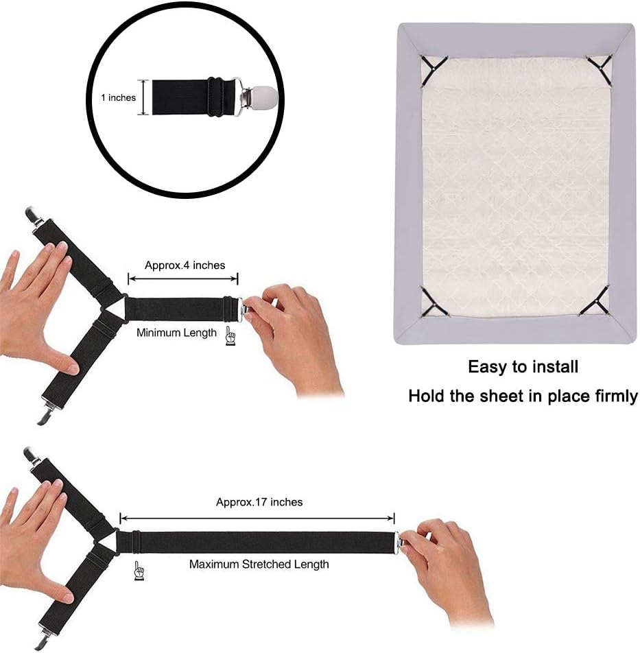 Fitted Sheet Clips, Bed Sheet Suspenders for Adjustable Beds, Bed Sheet Fasteners, 4 PCS Elastic Bed Sheet Grippers Heavy Duty, Bed Sheet Holder Straps Set for Crib Twin XL Full California King Queen: Home & Kitchen