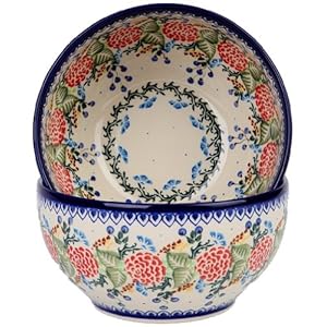 Polish Pottery Ceramika Boleslawiec 0410/280 Royal Blue Patterns with Red Rose Motif Bowl 19, 5-1/4-Cup