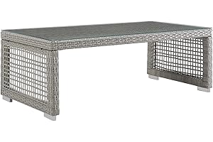 Modway Aura Wicker Rattan Outdoor Patio Tempered Glass Coffee Table in Gray