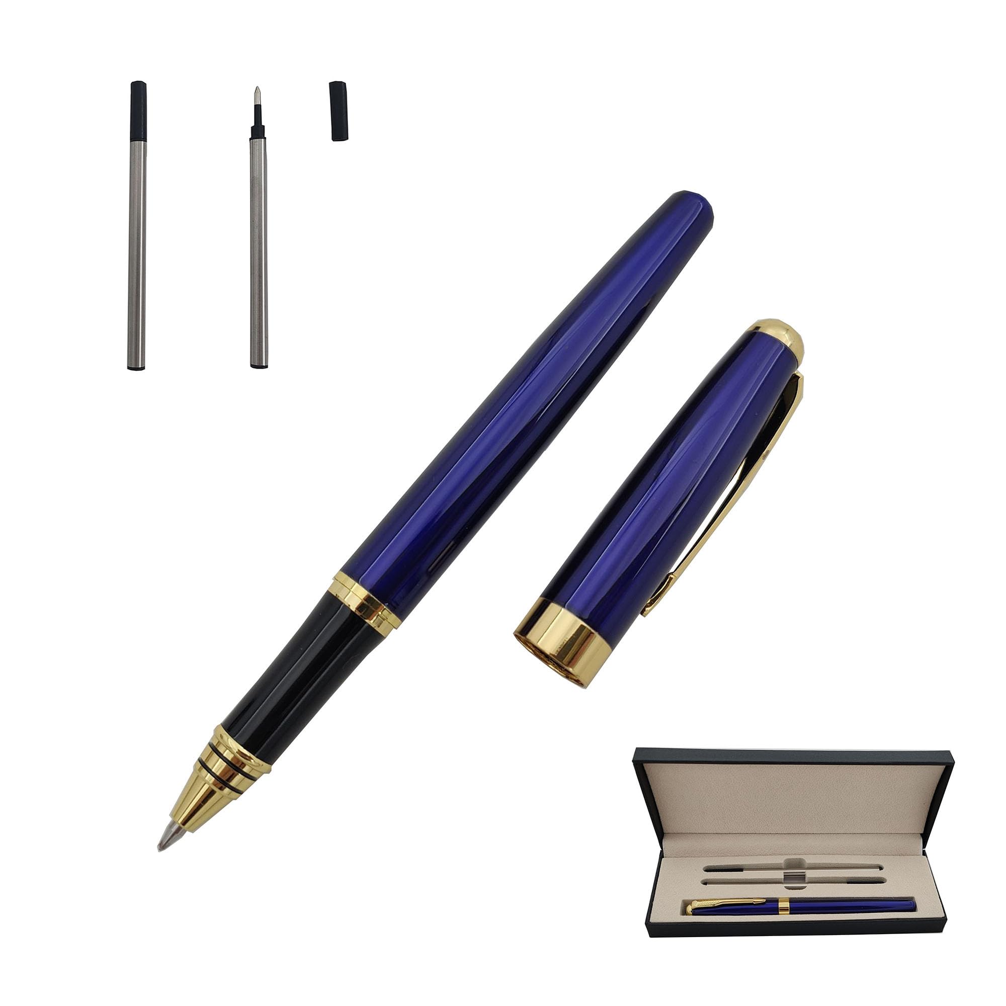 Accod Comfortable Grip Metal Rollerball Pen Office Ballpoint Pen Liquid Ink Rollerball Pen with Two 0.5mm Replacement Black Refills Nice for Friends and Family (Blue)