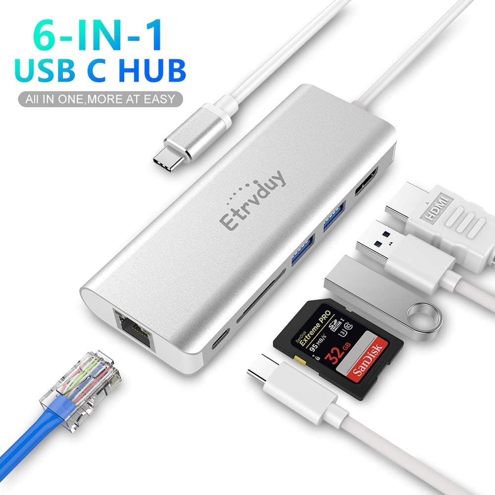 Etrvduy USB C Hub, Multiport USB C Adapter with 4K USB C to HDMI Converter, 2 USB 3.0, Card Reader, Type C Charging, Gigabit Ethernet, USB C Dock Compatible Apple MacBook Pro 13/15/16 (Thunderbolt 3): Computers & Accessories
