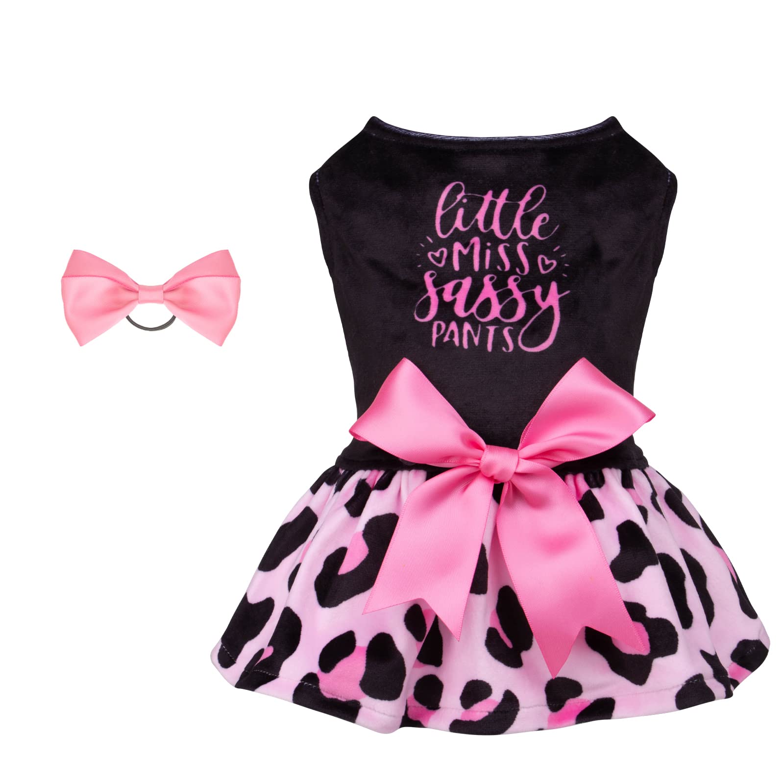 CuteBone Little Miss Sassy Pants Dog Leopard Print Dress Velvet for Small Dogs Girl Puppy Dresses Pink Dog Clothes