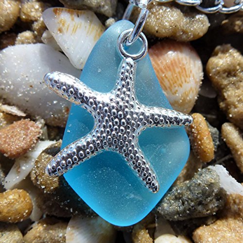 Blue cobalt sea glass ocean amulet talisman necklace for girls and women on a 24" silver color chain with nautical starfish delicate elegant young beach prime handmade seaglass jewelry mascot