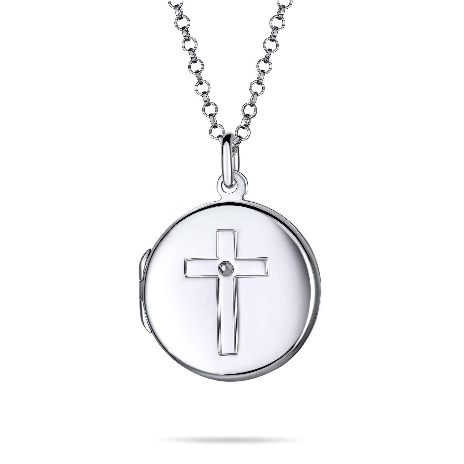 Bling Jewelry Religious Dainty Personalize Engraved Round Circle Holy Cross Locket Photo Locket For Women Teens Holds Photos Pictures .925 Silver Necklace Pendant