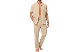 JMIERR Men 2 Piece Outfit Short Sleeve Beach Button Down Shirt Casual Loose Pant Sets with Pocket