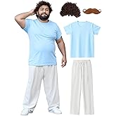 QiSwap 4 Pcs Luchador Costume for Men Adult,Professional Wrestler Outfit Set with Blue V-Neck Shirt, Pants, Wig & Mustache