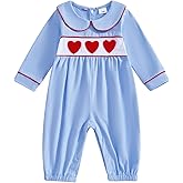 xkwyshop Newborn Baby Boy Valentines Day Outfit Heart Embroidery Smocked Romper Peter Pan Collar Long Sleeve Jumpsuit Clothes