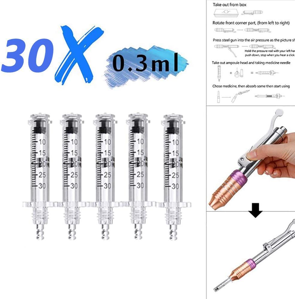 30PCS Ampoule Syringe for Hyaluron Pen Non Invasive Wrinkle Removal Line Pregnancy Line Fat Removal, 0.3Ml Ampoule Head