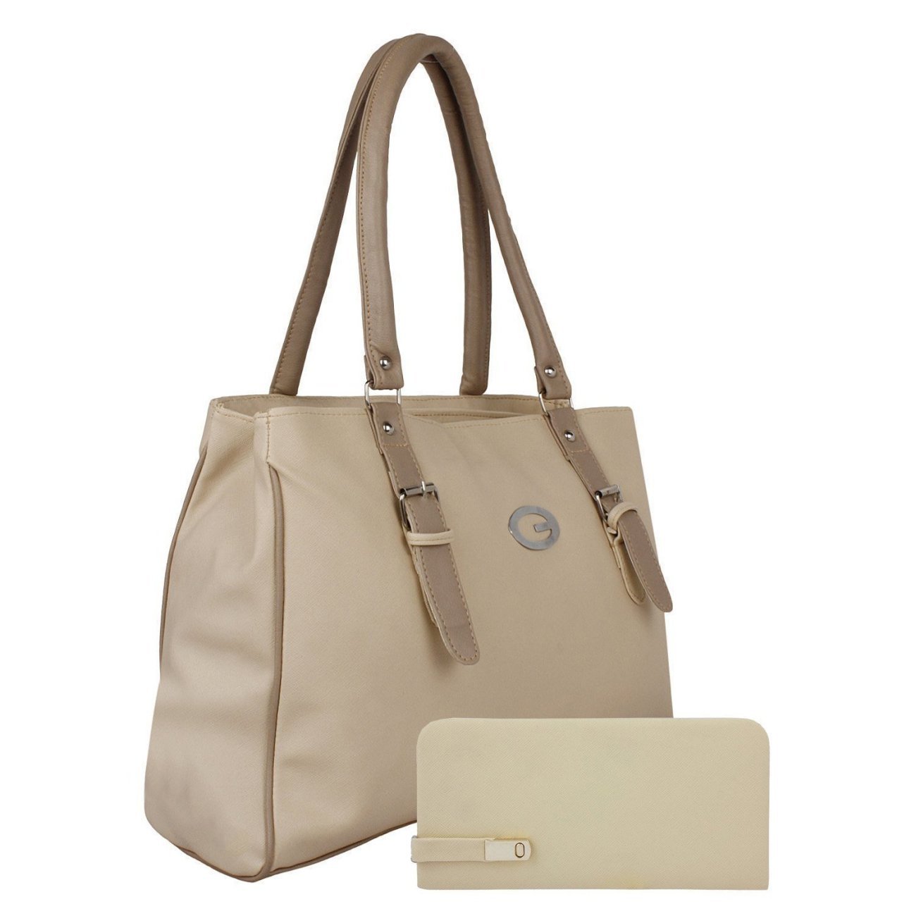 salebox women's double buckle handbag with wallet(cream) - combo pack of 2