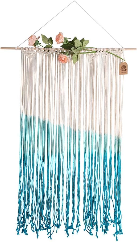 TOUCH MISS Macrame Wall Hanging Large Handmade Woven Tapestry Wall Hanging Boho Wall Decor -Wedding Apartment Dorm Room Decor, 31.5" W x 42.5" L,White and Blue Home Decor,Roses Not in