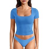 YEOREO Womens Tops Short Sleeve Going Out T Shirts Scoop Neck Slim Fit Double Lined Pattiy Crop Tops