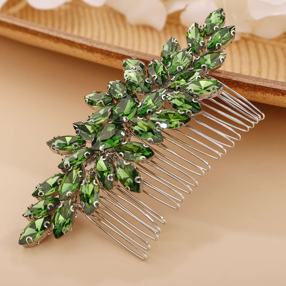 Chargances Crystal Bridal Hair Comb Green Wedding Rhinestonel Hair Side Comb Fashion Hair Clip Handmade Hair Accessories for Bride Wedding Prom Flower Girl Headpieces (Green)