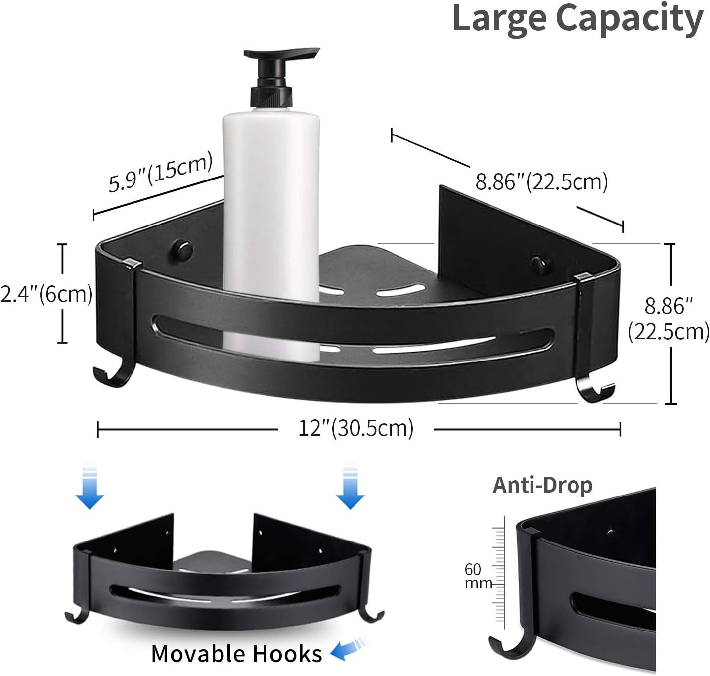 AK KYC Shower Corner Shelf Shower Caddy Nail Free Wall Mounted Bathroom Shelves-Adhesive(No Drilling)in 2 Pack with 4 Removable Hooks Rustproof Aluminum Basket Organizer Hanging Storage kitchen-Black: Home Improvement