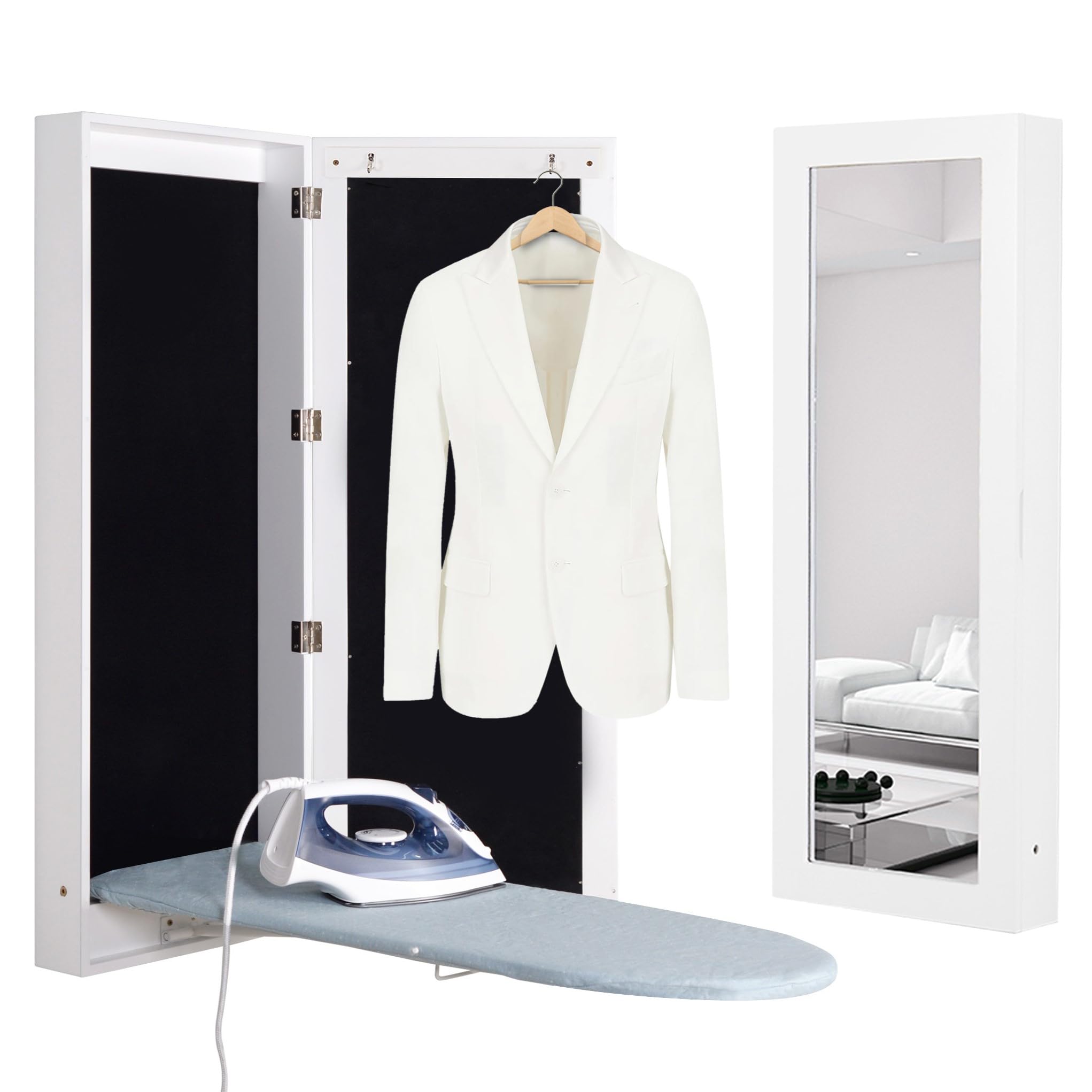 Slim Wall Mounted Ironing Board Cabinet, Foldable Ironing Board, Mirrored Door, White