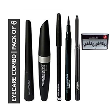Cosmac Professional Combo Waterproof Eyeliner, Mascara, Eyebrow Pencil, Kajal With Sketch Eyeliner In Black And 1 Pair Of Eyelashes - Set Of 6