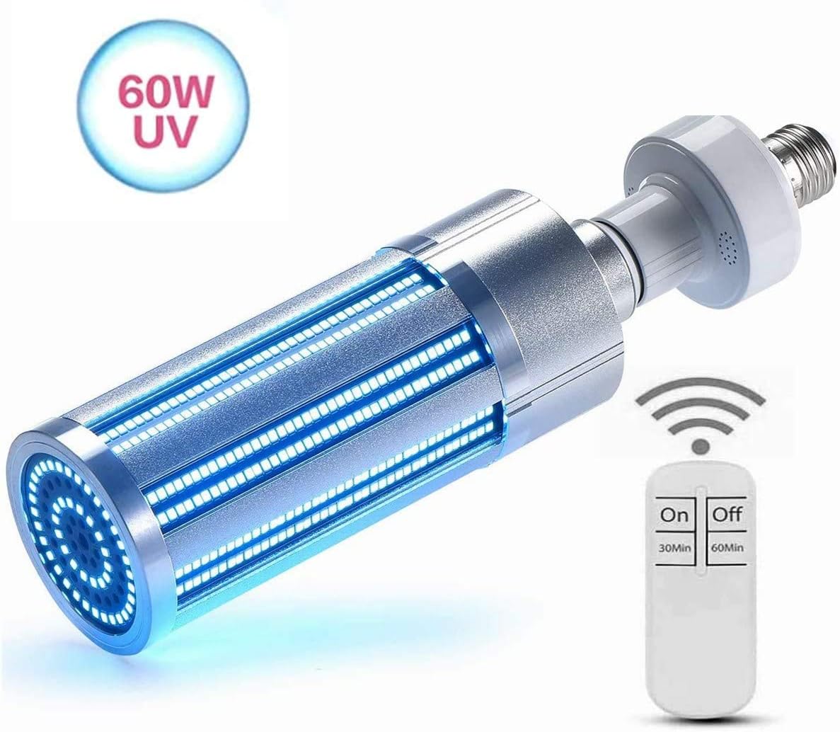 60W UV Gèrmicidál Lamp, 2020 Newest Led UVC Light Bulb E26/E27（Remote Control Timer 30 min / 1 Hour）