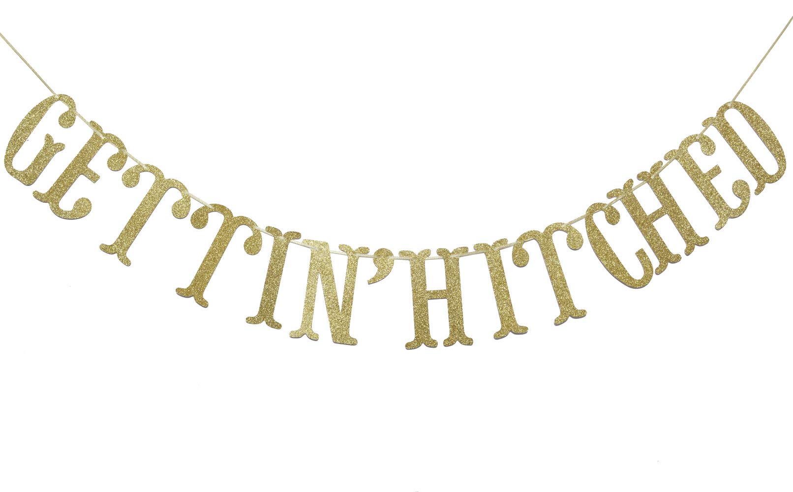 Photo 1 of Gettin' Hitched Gold Gliter Banner, Fun Engagement, Bachelorette Party Decorations (Gold)