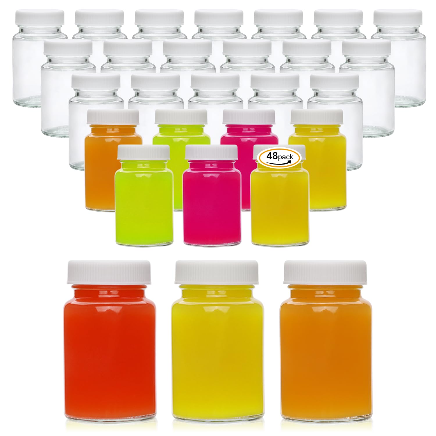Photo 1 of Woaiwo-q 48pack 2oz Juice Shot Bottles with caps,Glass Mini Bottles,Small Clear Jar for Juice, Ginger, Wellness Shot,Sample, Whiskey,Travel Essentials,Leakproof