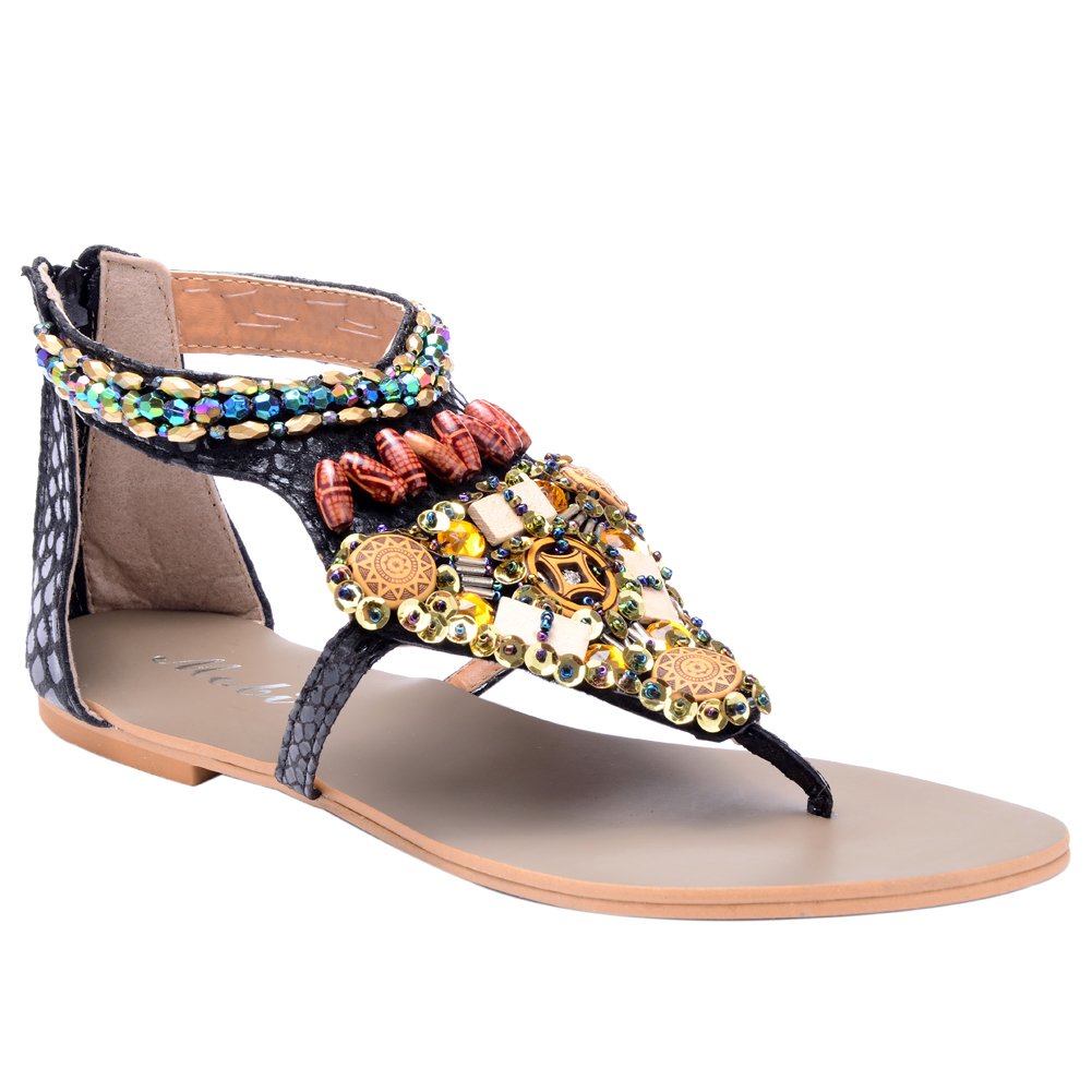 Odema Summer Bohemian Colorful Beaded Snake Pattern Flat Womens Beach Thong S. Black - Image 3