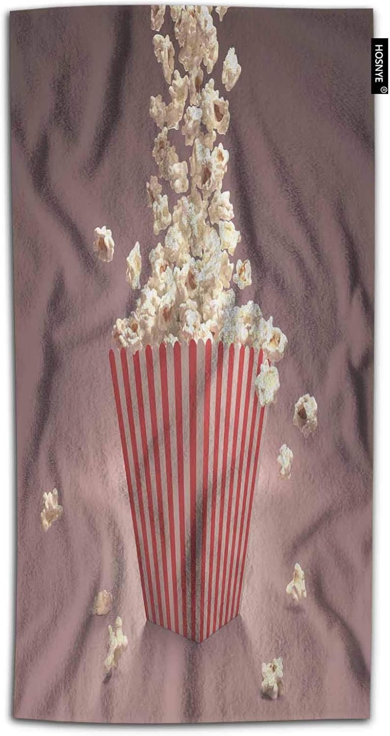 HOSNYE Popcorn Hand Towel for Bathroom Dropping Popcorn in Red and White Striped Classic Package Absorbent Soft Towels for Beach Kitchen Spa Gym Yoga Face Towel