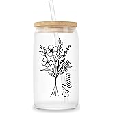 Personalized gifts for her. Flower Glass Tumbler with Bamboo Lid, 16oz Cold Drink Cup with Straw, Custom Name Design