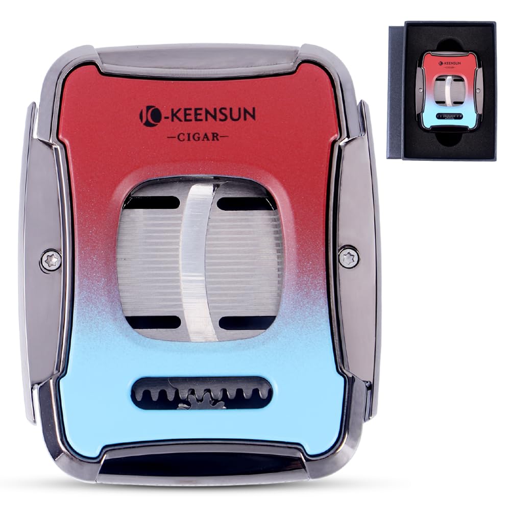 KEENSUN Zinc Alloy Guillotine Stainless Steel Double Blade Cigar Cutter (Blue and Red) with One Push Lock System, 60 Ring Gauge, 420J2 Stainless Steel Laser Pattern Cutting Blade with Gift Box