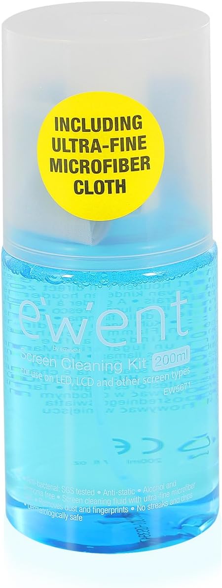 Ewent EW5671 Antibacterial Cleaner (200ML) + Microfibre Cloth (20x20CM) for LED/LCD/Plasma/Laptop screens, iPhone, iPad