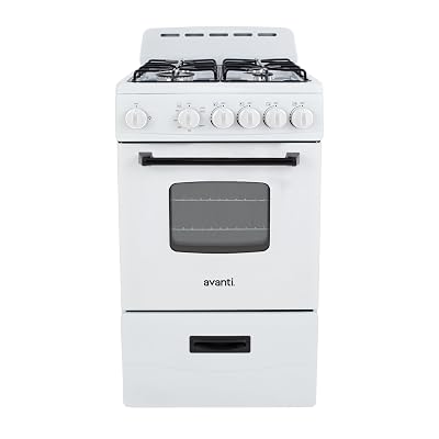Avanti Gas Range Oven, Compact Freestanding Design, 4 Sealed Burners with Electronic Ignition, 2.1 Cu.Ft. Capacity Features Framed Glass Door Storage Drawer Broiler and Accessories, 20-Inch, White
