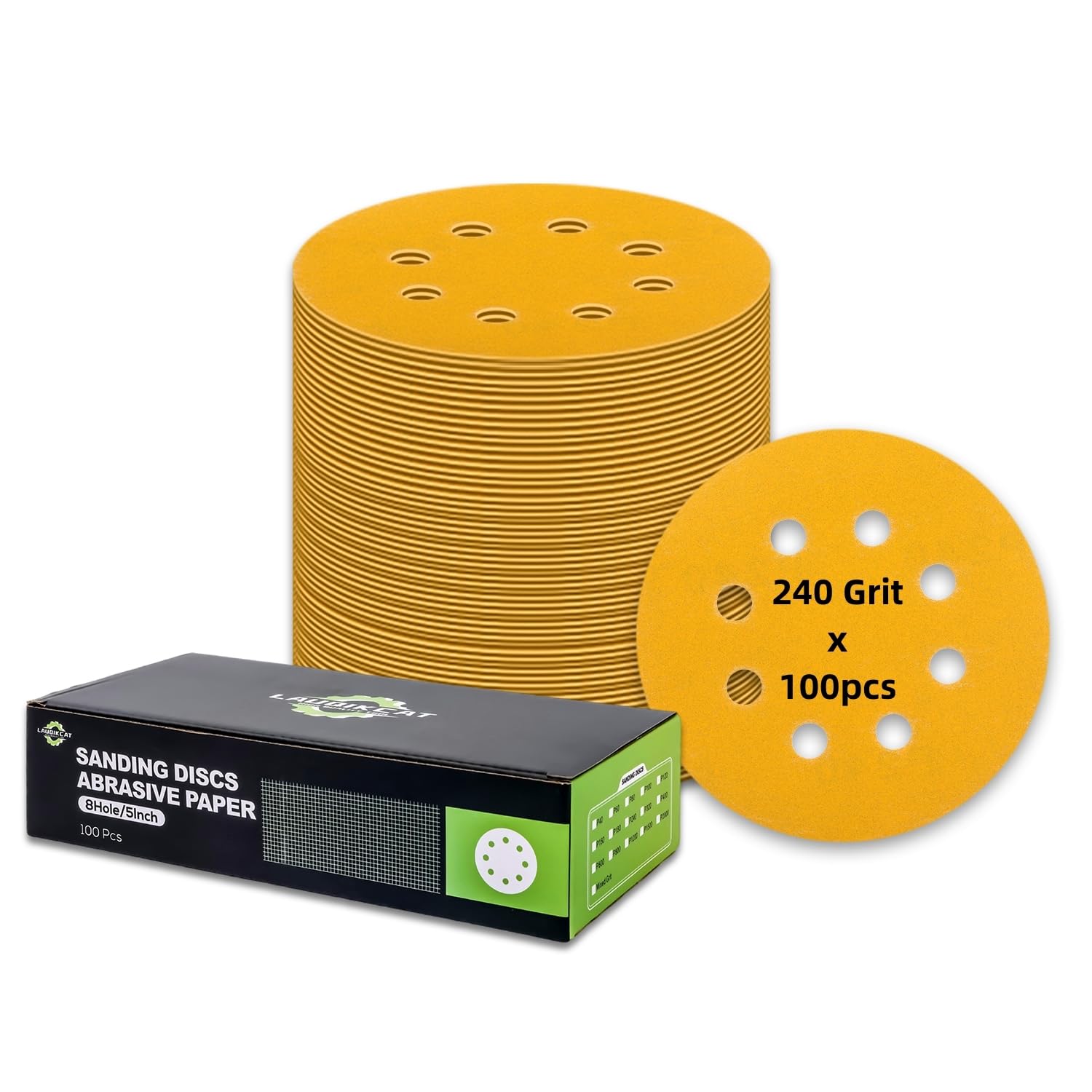 100 pcs Sanding Discs - 5 inch/125 mm, 8 Holes, Hook and Loop Sanding Pads for Random Orbital Sanders,Yellow-240 Grit — image 1