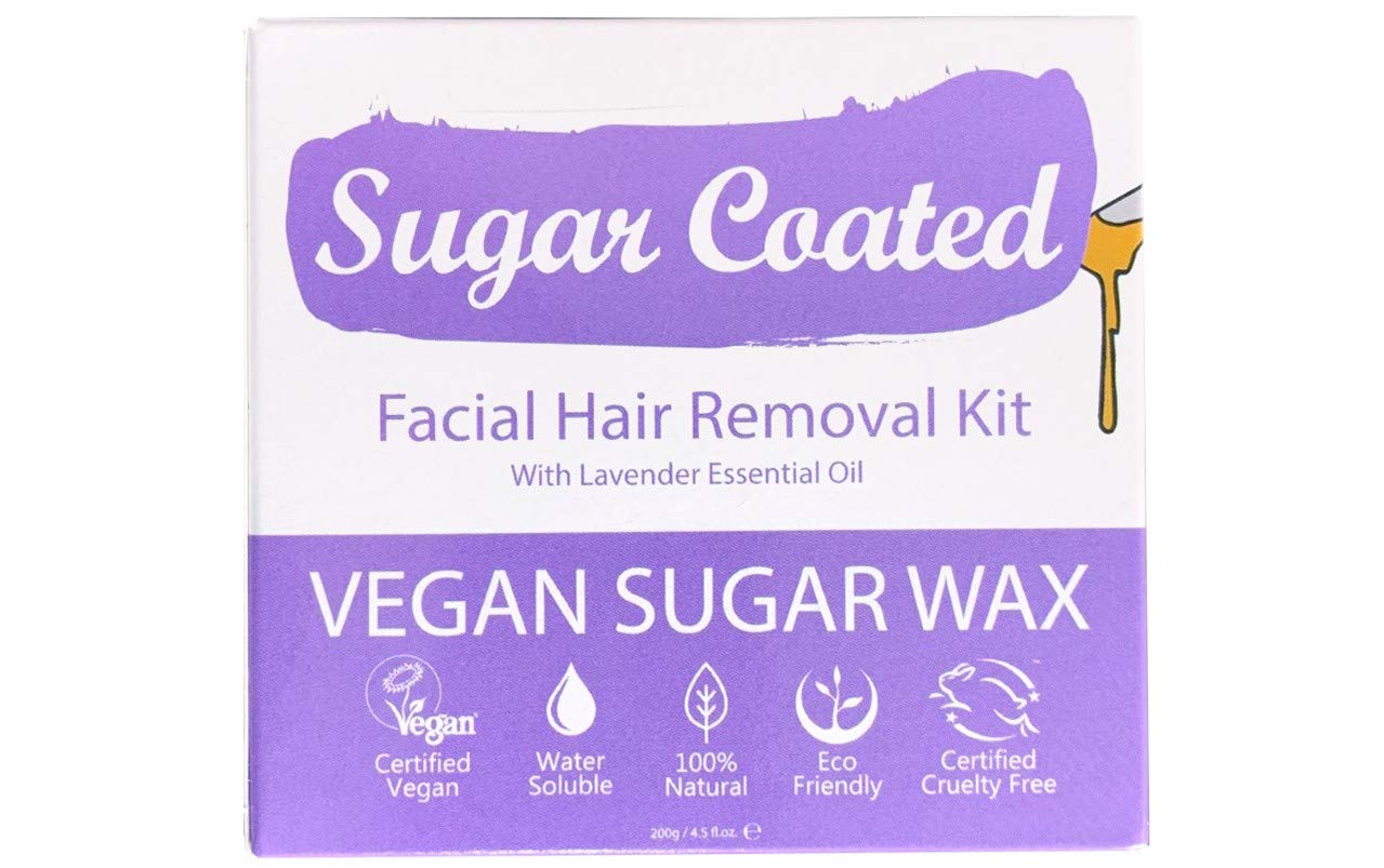 Sugar Coated Organic Facial Hair Removal Sugar Wax Kit, Gentle Face Wax Strips for Eyebrows & Upper Lip, Hair Remover with Lavender Oil to Soothe Skin, Sugar Waxing Kit for Sensitive Skin, 200g