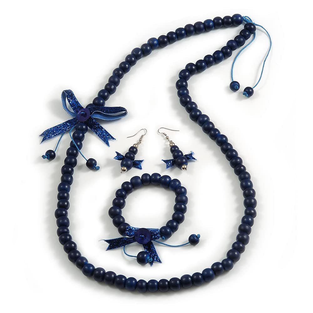 Avalaya Dark Blue Wooden Bead with Bow Long Necklace, Bracelet and Drop Earrings - 80cm Long