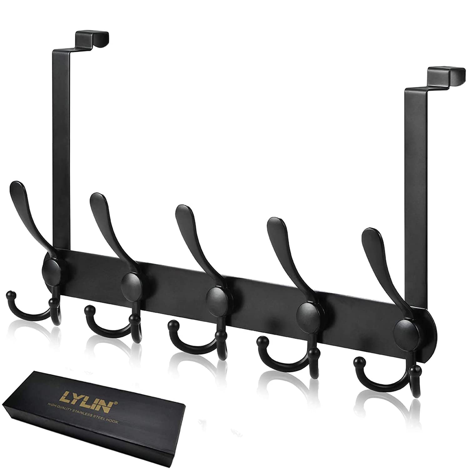 Over Door Hooks, LYLIN Stainless Steel Hangers for Door with 15 Hooks for Back Side, Heavy Duty Storage Rack Wall Hanger for Coat, Clothes, Towel, Bag, Robe (Black)