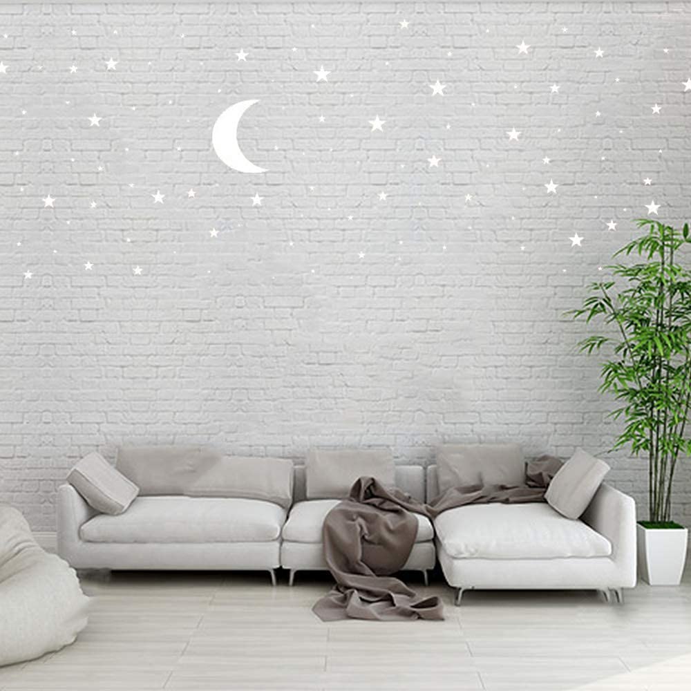 Moon and Stars Wall Decal Vinyl Sticker, Removable Children Kids Art DIY Sticker Mural for Boy Baby Girls Room Decoration Good Night Nursery Wall Decor Home House Bedroom Design (White)