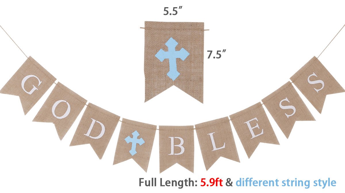 Burlap Communion Party Banner, Baptisim Christening Decoration God Bless Banner, Swallow-Tailed DIY Decoration for Wedding, Baby Shower Party - (LakeBlue-Rope Through)