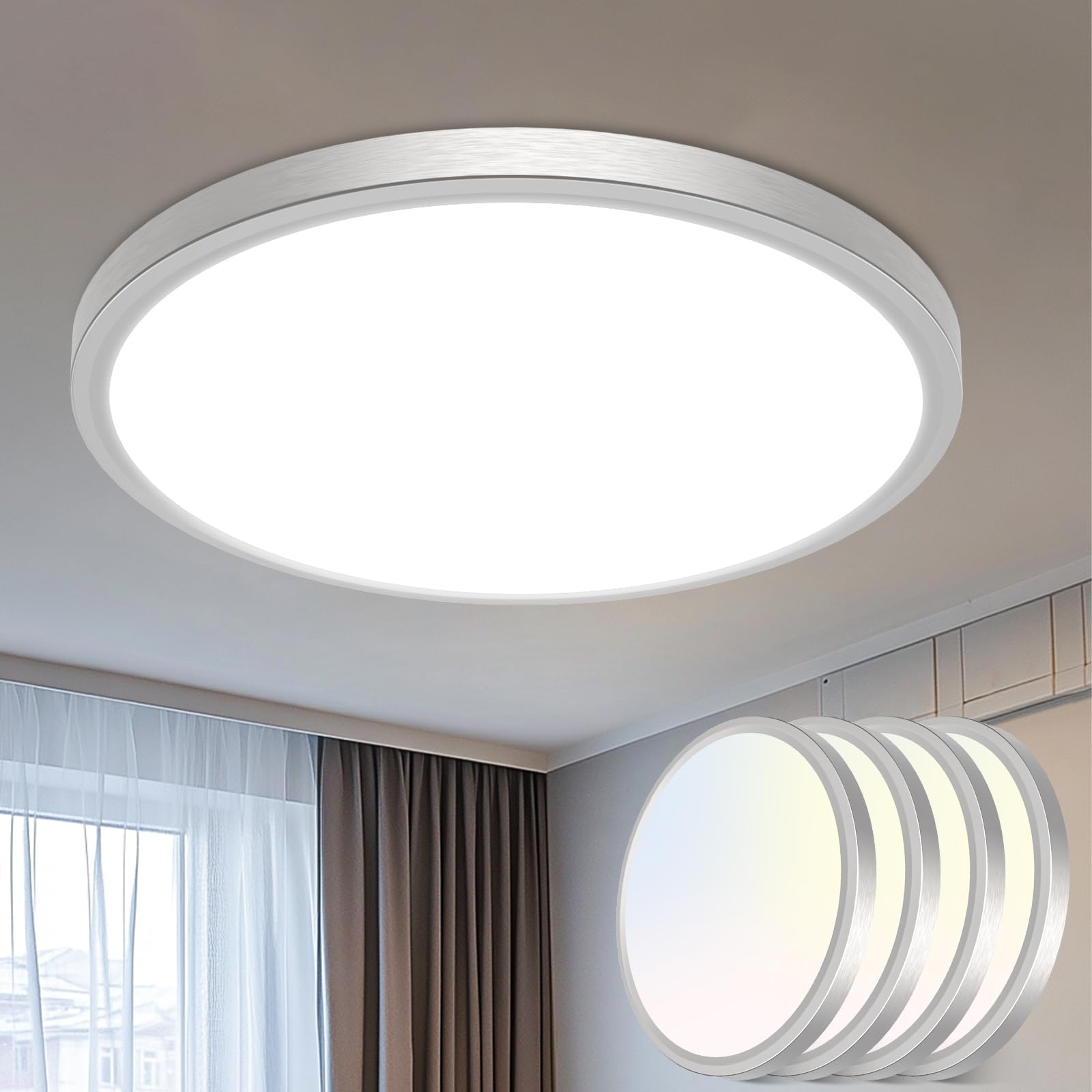 Photo 1 of **It is used, it is missing a part and it is not known if it works 100%***libtit 16Inch Flush Mount LED Ceiling Light Fixture, 3000K 4000K 6500K Adjustable, 36W 3600lm Brushed Nickel Satin Round Ceiling Lamp for Bathroom Shower Hallway Kitchen, 4 Pack