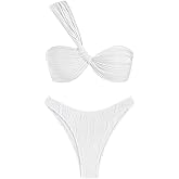 ZAFUL Women's One Shoulder Bikini Twisted Ruched High Cut Bandeau Bikini Set Two Piece Swimsuit