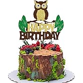 FmiyunEea Glitter Owl Happy Birthday Cake Topper, Gold and Brown with Green Leaves, Party Decoration (owl)