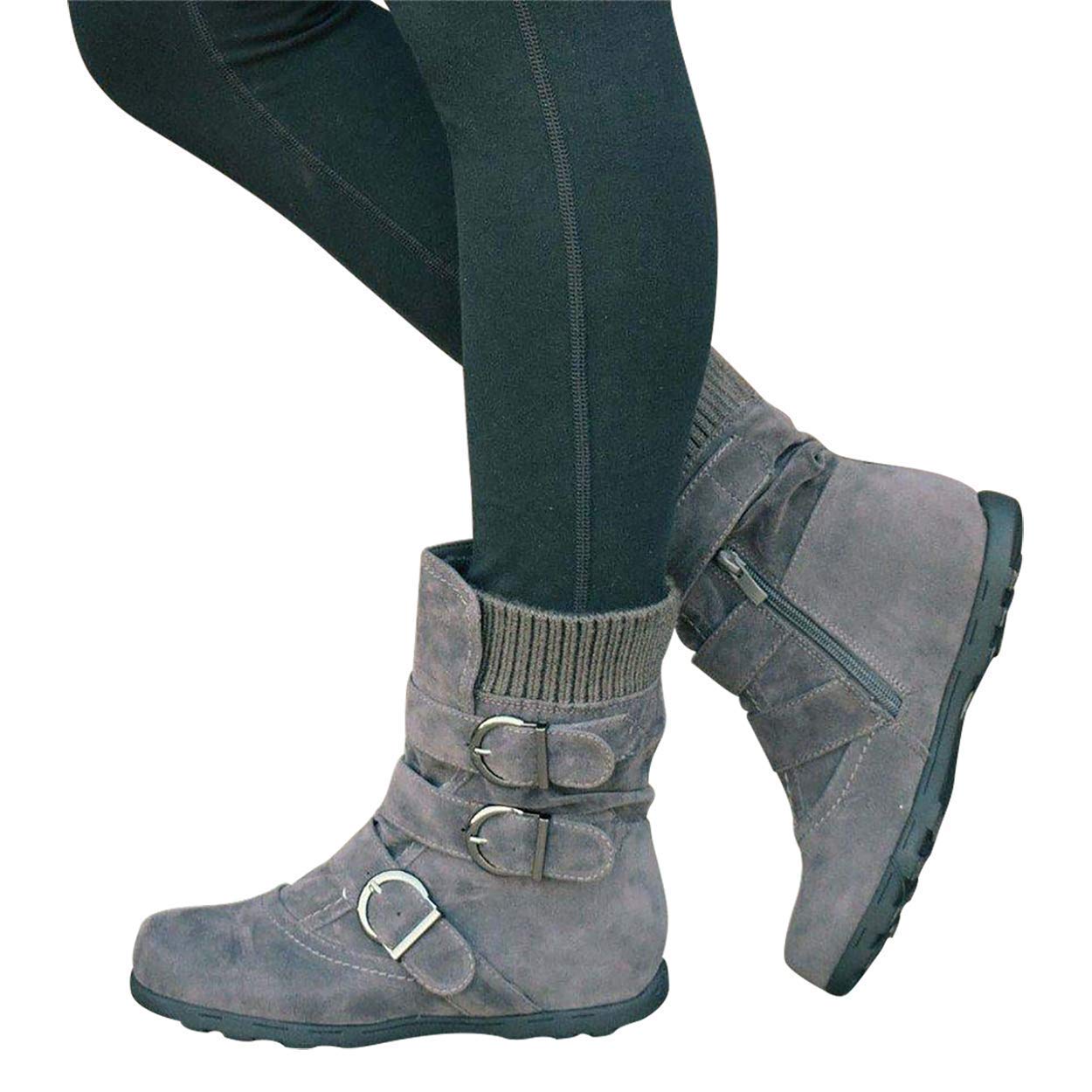 VANDIMI Women\'s Winter Ankle Snow Boots Warm Zipper Buckles Strap Suede Booties Mid Flat Boot