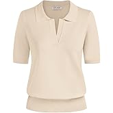 Kate Kasin Women Short Sleeve Polo Sweater V Neck Knitted Tops Casual Ribbed Shirt Loose Pullover Sweater