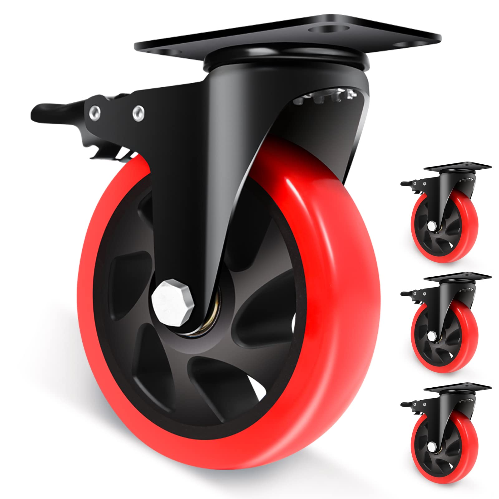 thumbnail image 2 of Nefish 5 Inch Swivel Caster Wheels Set Of 4 - Heavy Duty 2200 Lbs Capacity Polyurethane Casters With Brakes 2 of 6