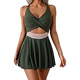 Aidonger Women Cutout Swimdress One Piece Swimsuit Color Block Bathing Suit with Skirt Wrap Front Tummy Control Swim Dress