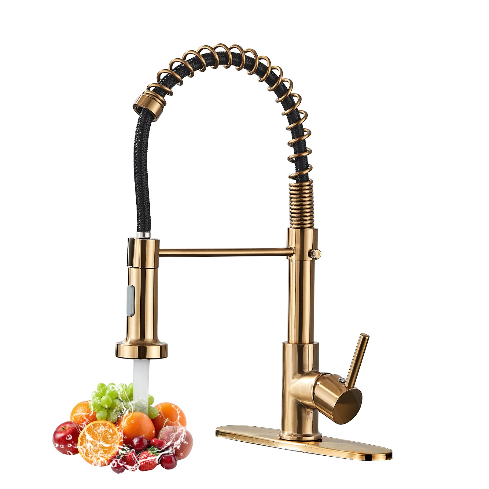 Photo 1 of Gold Kitchen Faucet,DanPiang Commercial Stainless Steel Single Handle Pull Down Kitchen Sink Faucet with Deck Plate,Brushed Gold