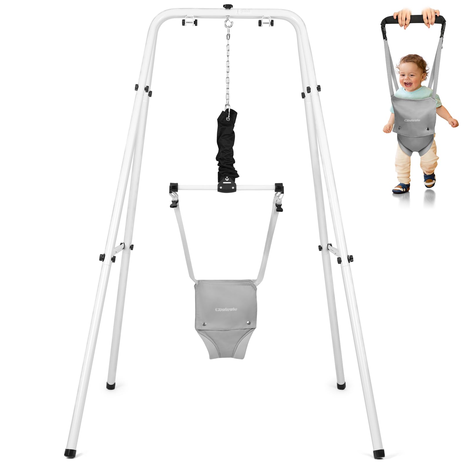 Cowiewie Baby Jumper with Stand, w/Walking Harness Function, for Infant 6-12 Months, Strong Support Stand for Small Spaces, White+Gray