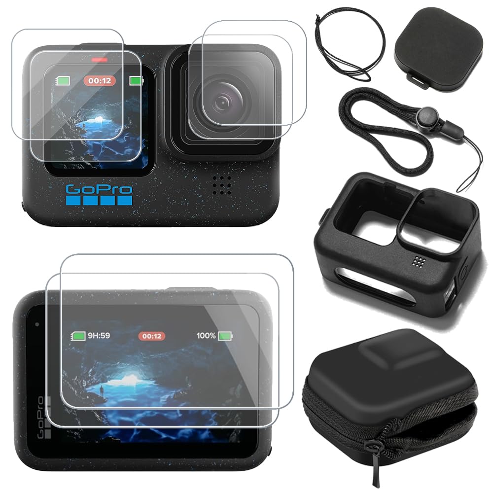 Photo 1 of Screen Protector Compatible for GoPro Hero 12/11/10/9 Black,Tempered Glass Film Full Coverage with Silicone Cover Sleeve and Hard Shell Travel Storage Carrying Case