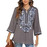 AK Embroidered Tops for Women 3/4 Sleeve Bohemian Mexican Floral Peasant Shirts Loose Tunic Blouses