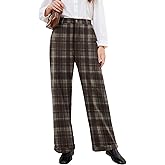 Rasutina Women Plaid Dress Pants High Waisted Wide Leg Pants Fleece Pants for Women Stretchy Fall Trousers