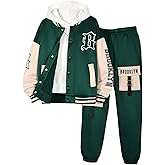 Ltvoo Boys Sweatsuit Outfits 2 Pieces Letter Graphic Bomber Varsity Jacket and Jogger Sweatpants Tracksuit Set for 7-14Y